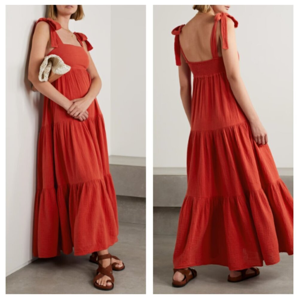 Honorine Marguerite Tiered Cotton Seersucker Maxi Dress Boho Beach - XS